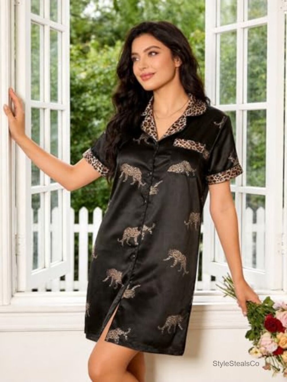 Satin Nightgown Short Sleeve Button Down Nightshirt Loose Sleepwear - Picture 3 of 6